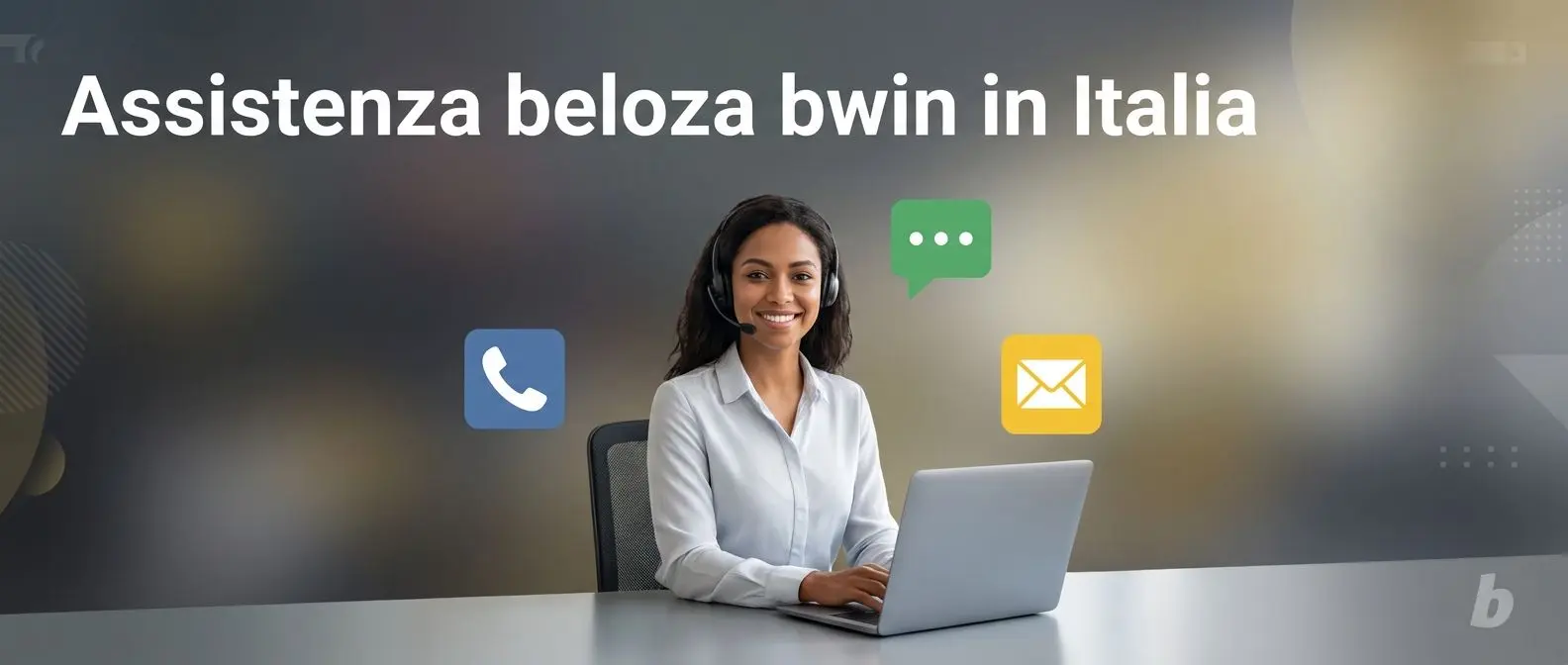 Operatore assistenza bwin con icone telefono, chat ed email su sfondo neutro