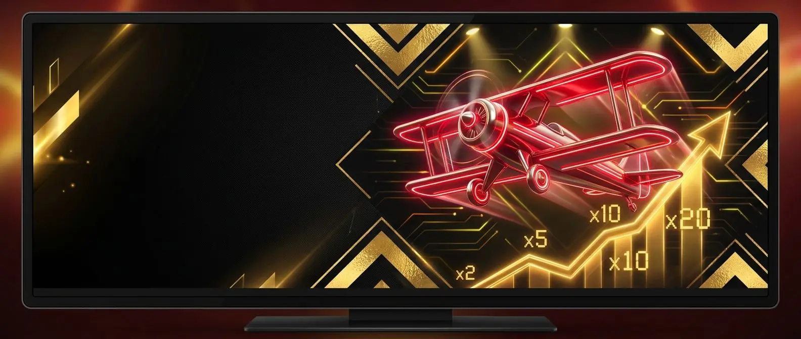 Aereo stilizzato che decolla con grafico del moltiplicatore in un ambiente casino moderno