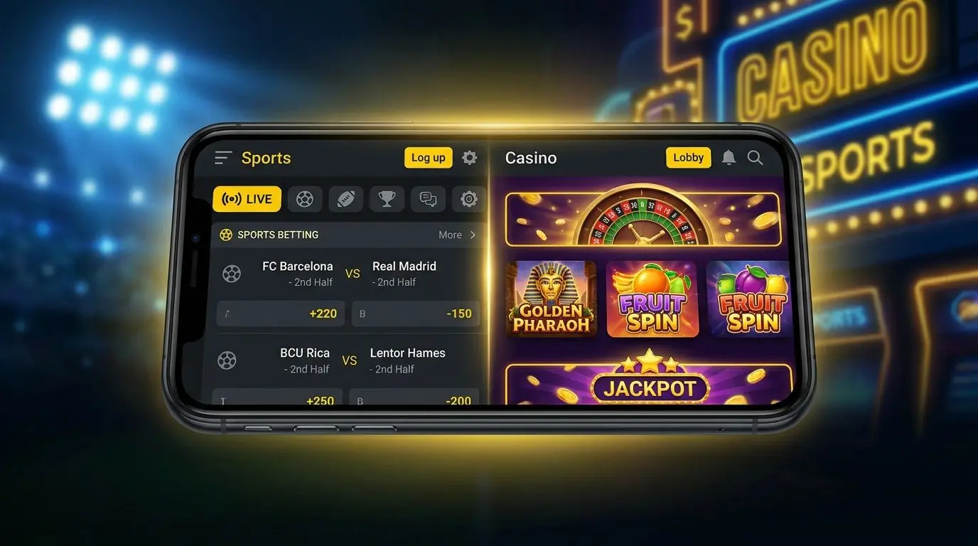 Smartphone con schermate scommesse sportive e casinò in primo piano su sfondo scuro