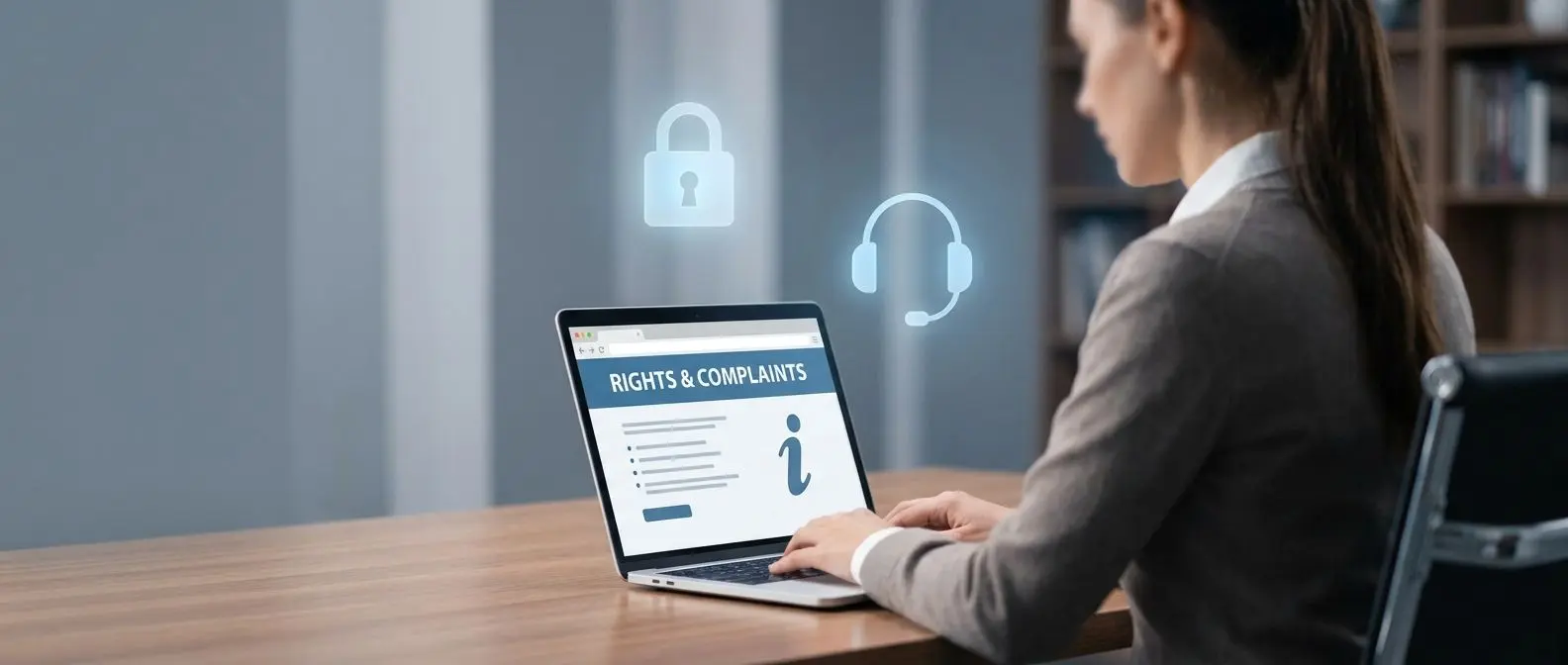 Utente che consulta online diritti, reclami e privacy con icone lucchetto e cuffie