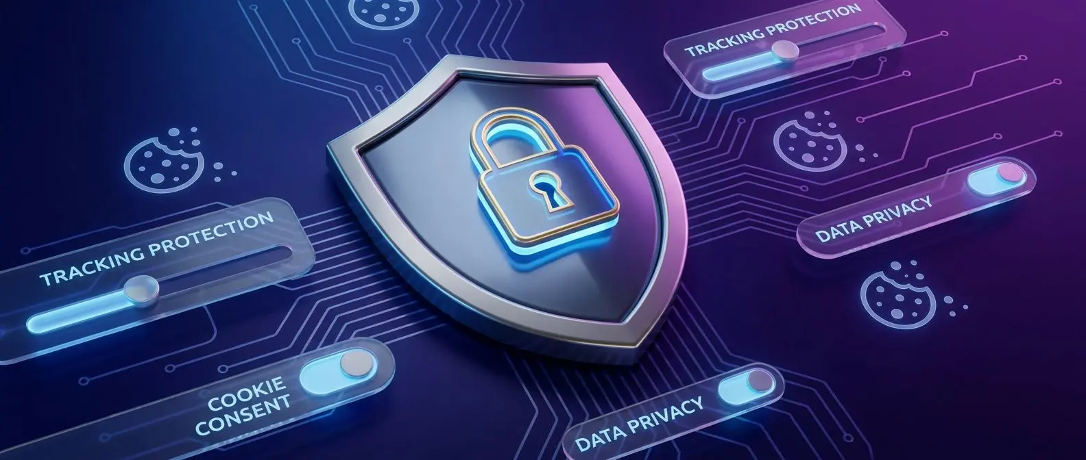 Banner con scudo, lucchetto e icone cookie per privacy e sicurezza dati