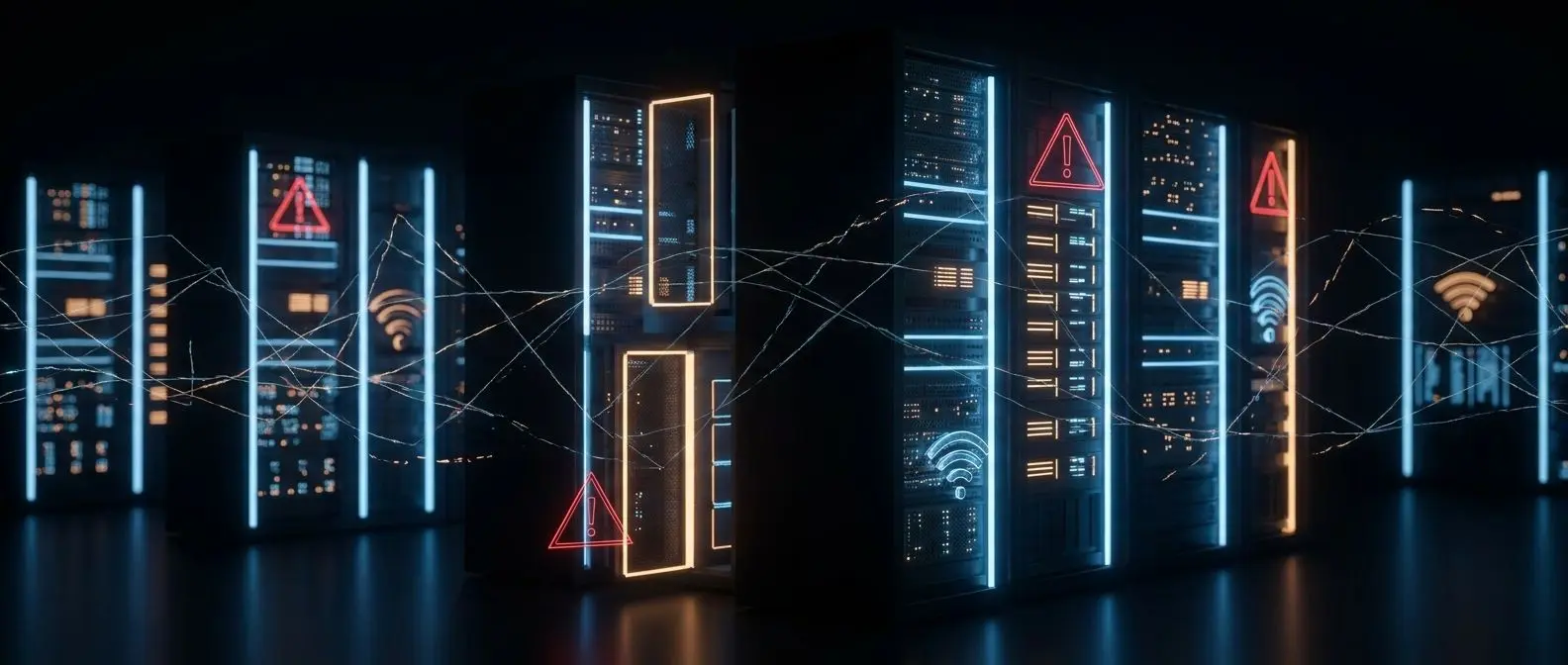Illustrazione astratta di server, Wi‑Fi ed icona di avviso per problemi di accesso a Bwin