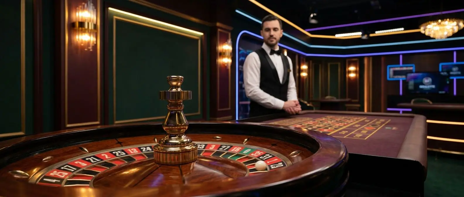 Tavolo di roulette live in uno studio casino moderno con croupier