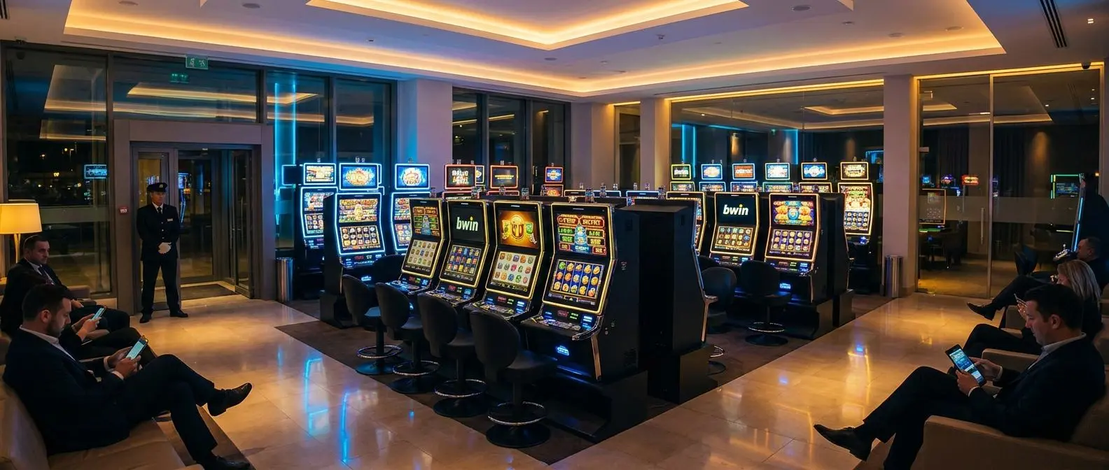 Lobby digitale con griglia di slot machine moderne e atmosfera casino sicura