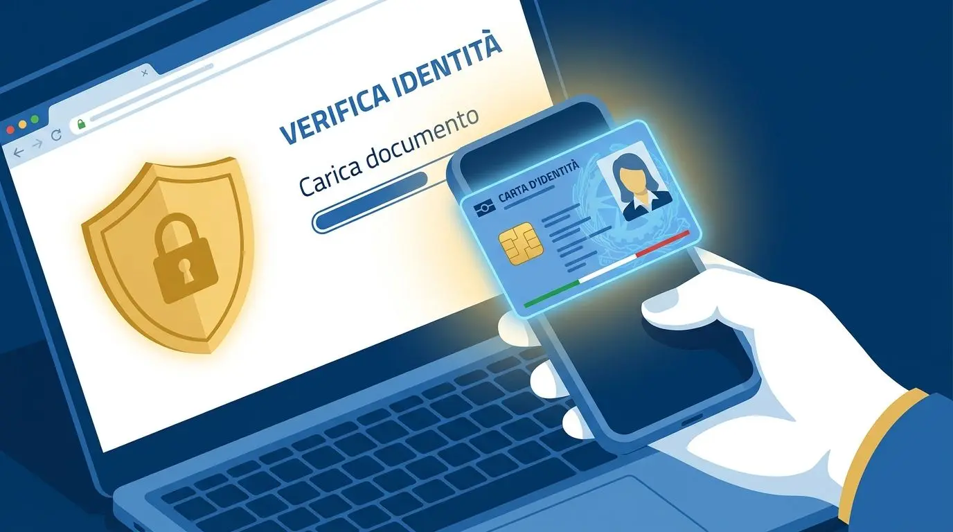 Illustrazione caricamento documenti KYC su Bwin con icona sicurezza