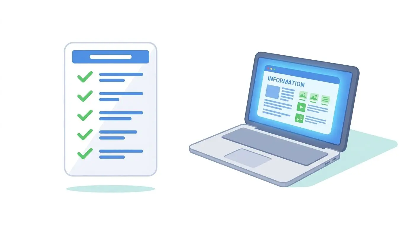 Illustrazione di checklist informativa accanto a laptop