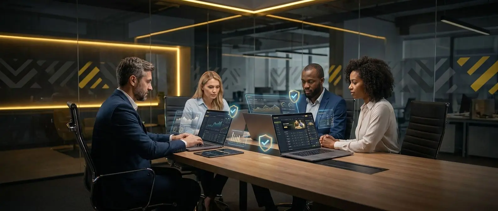 Team che analizza dati e recensioni Bwin in un ambiente digitale professionale