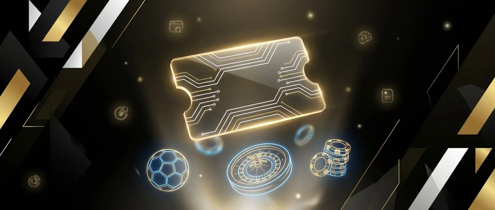 Banner con carta codice promo e sfondo sport e casinò in stile bwin