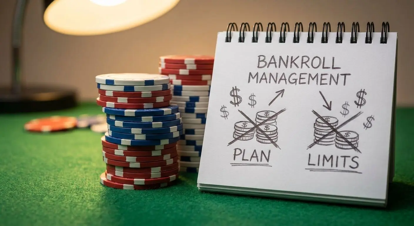 Concetto di gestione del bankroll con fiches e piano di gioco