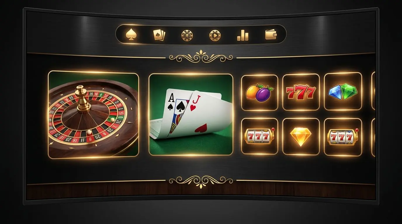 Interfaccia casinò online con slot, roulette e blackjack