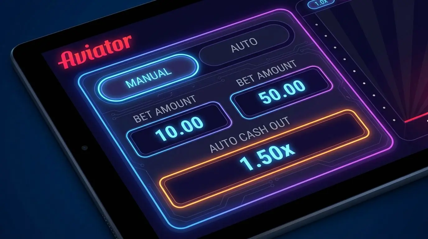 Pannello impostazioni puntata di Aviator con opzioni manuale e auto cash out