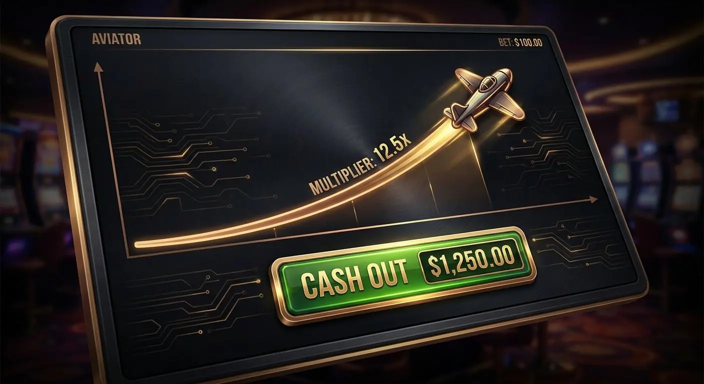 Interfaccia di gioco Aviator con aereo, grafico moltiplicatore e pulsante cash out
