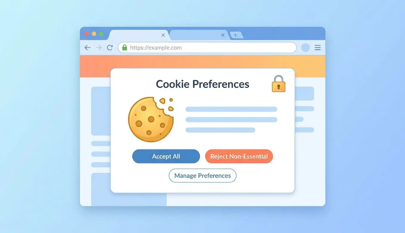 Interfaccia con lucchetto, cookie e pannello preferenze per privacy