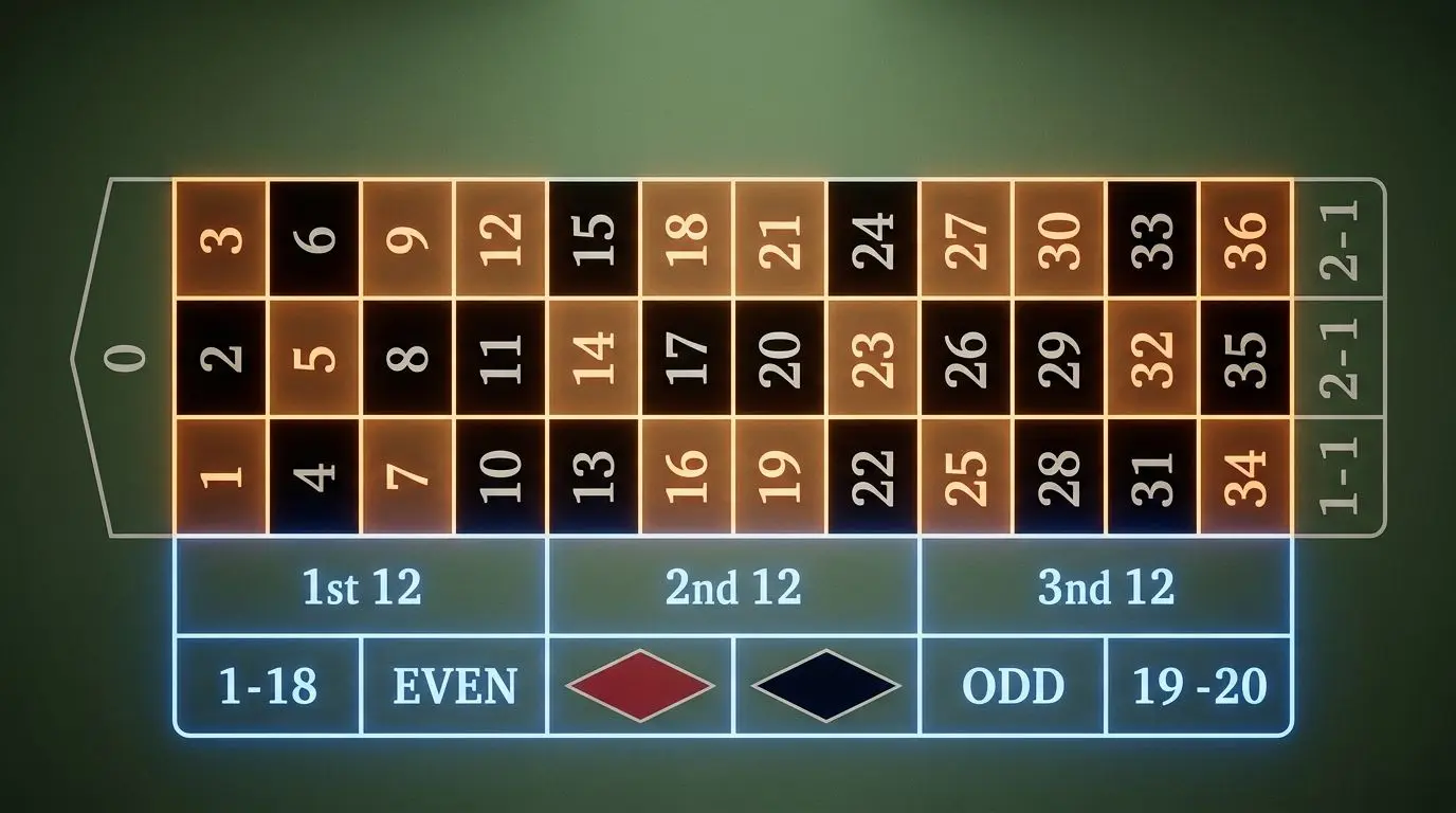 Schema del tavolo roulette con puntate interne ed esterne evidenziate