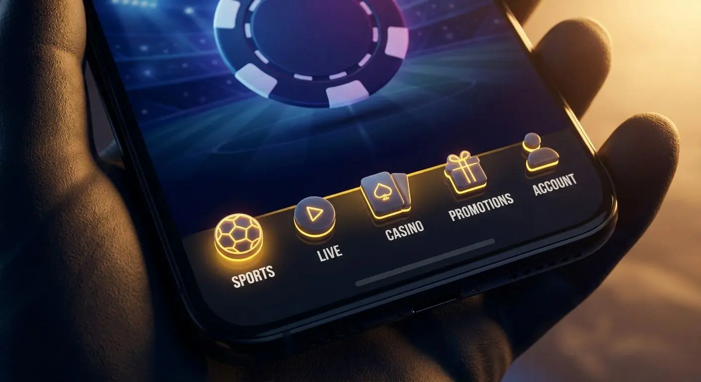 Menu di navigazione app mobile con sezioni scommesse live casinò e conto