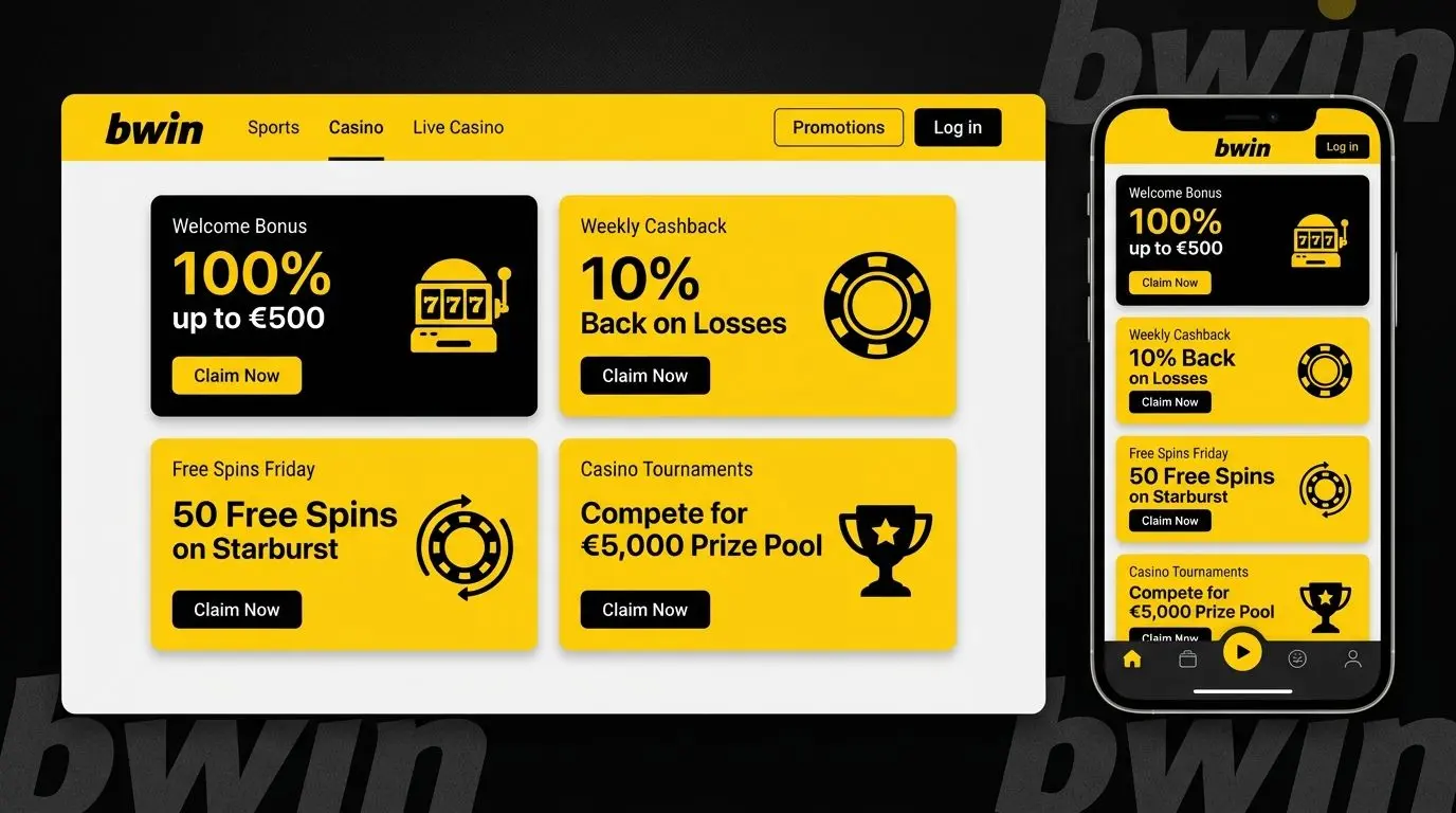 Mockup interfaccia pagina promozioni bwin casinò con diverse offerte in evidenza