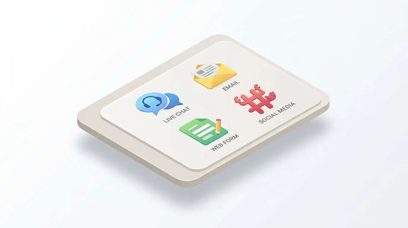 Illustrazione con quattro canali di assistenza chat email modulo social