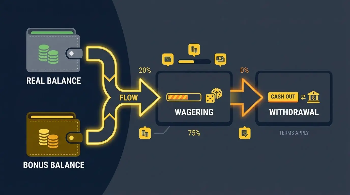 Schema del flusso tra saldo reale, saldo bonus e prelievo
