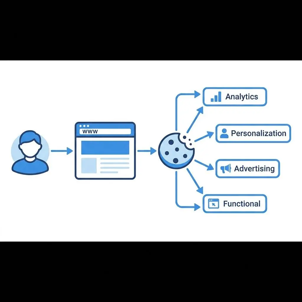Schema semplificato del flusso utente, sito, cookie e finalità
