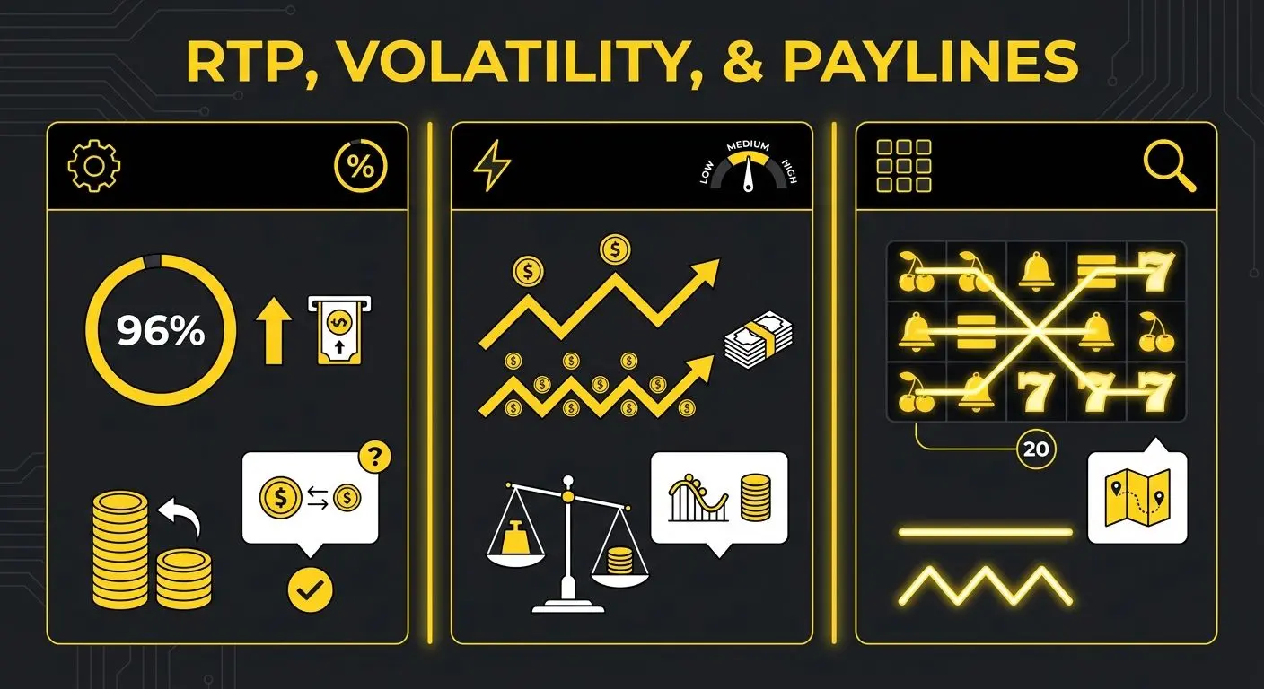 Infografica concettuale su RTP volatilità e paylines delle slot online
