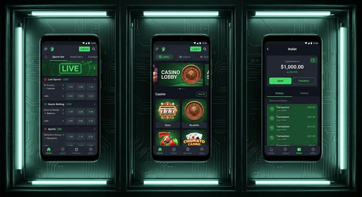 Schermi app Bwin con scommesse live, casinò e portafoglio account