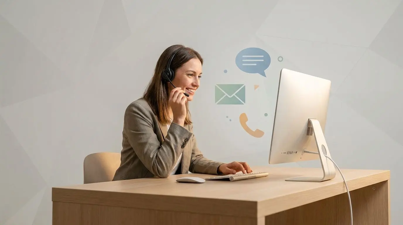 Operatore assistenza clienti con cuffie e icone chat email telefono