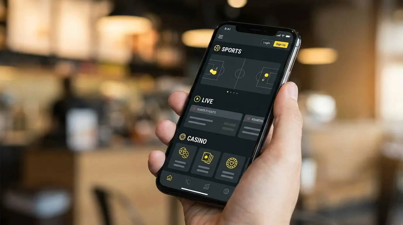 Smartphone con schermata principale app di scommesse e casinò