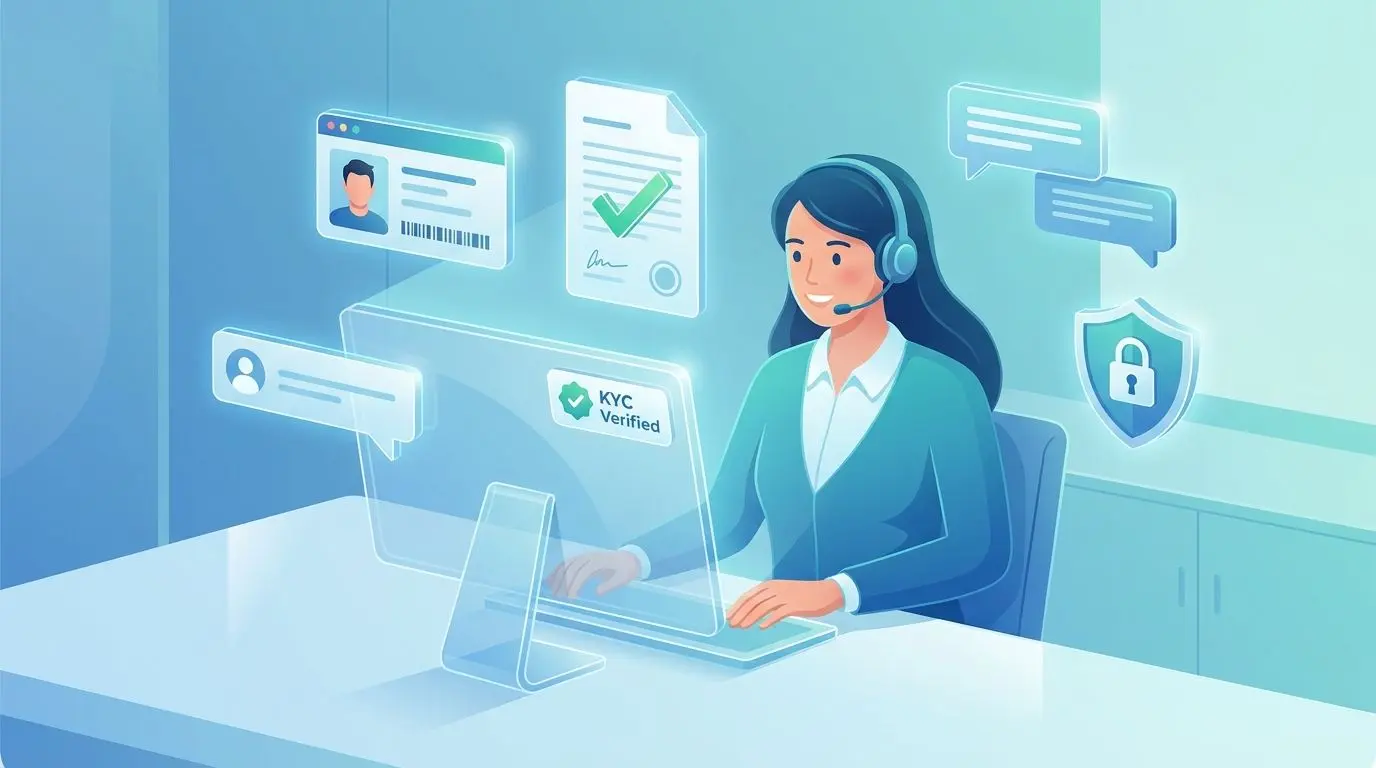 Supporto clienti online con icone di verifica documenti KYC