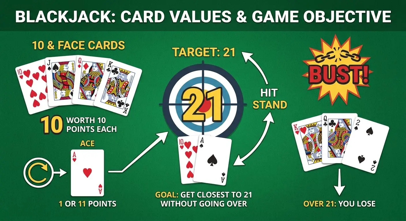 Infografica con valore delle carte nel blackjack, obiettivo 21 e bust